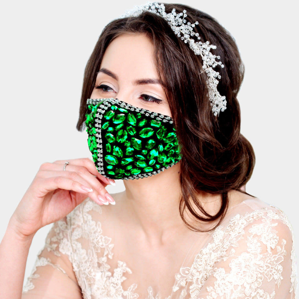 Cait Green Multi Stone Embellished Fashion Mask - Beloved Sparkles